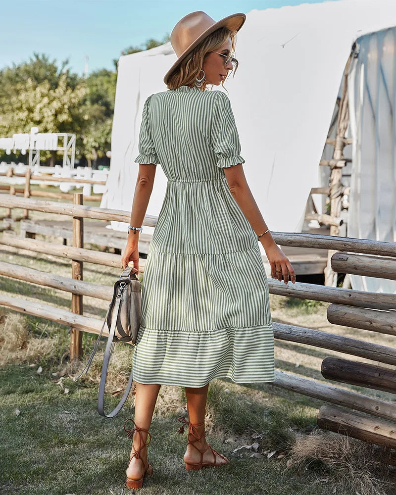 Women Elegant Striped Lantern Sleeve Summer Dress Causal V-neck Button Ruffles Midi Dress 2023 Women Beach Holiday Party Dress