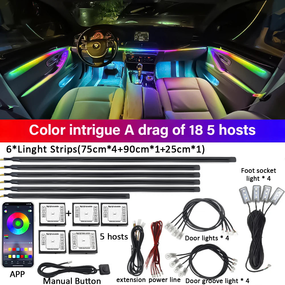 6 in 1 Car Interior Acrylic Guide Fiber Strip 18 in 1 Backlight Car Ambient Lights RBG 64 Color Decoration Atmosphere Lamp earu