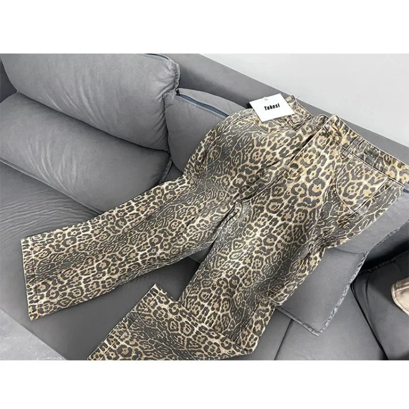 American Retro Leopard High Waist Baggy Jeans Women's Casual Pockets Hip-hop Pants 2024 Spring Y2K Oversiz Panther Denim Trouser