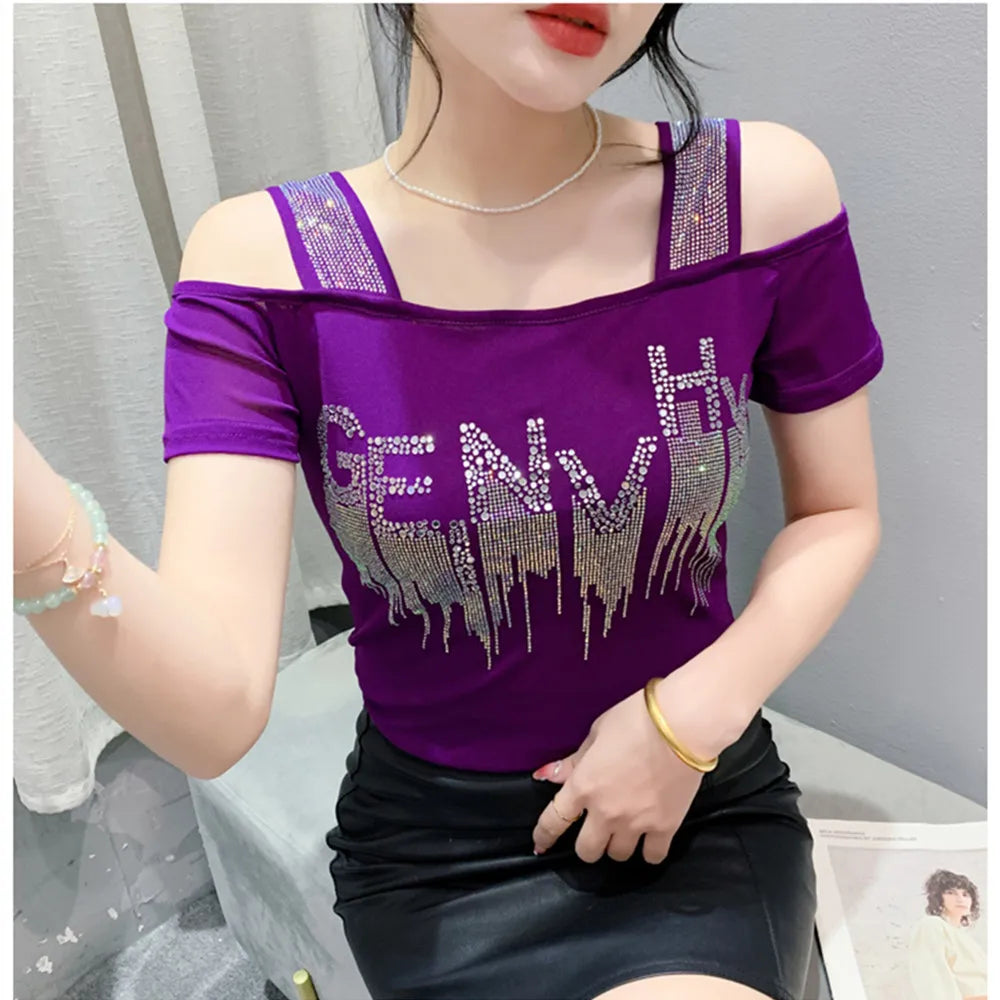 M-3XL Summer New Women's Letter Hot Diamonds T-shirt Clothes Sexy Off Shoulder Short Sleeve Tops Luxury Girl Mesh Slim Tees 2024