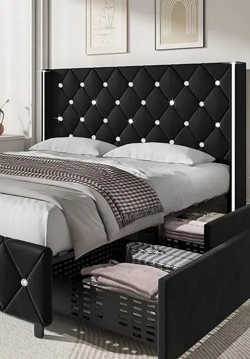 Queen Bed Frame, Upholstered Bed Frame Queen Size with Diamond Tufted Headboard, Faux Leather Headboard & , Wood