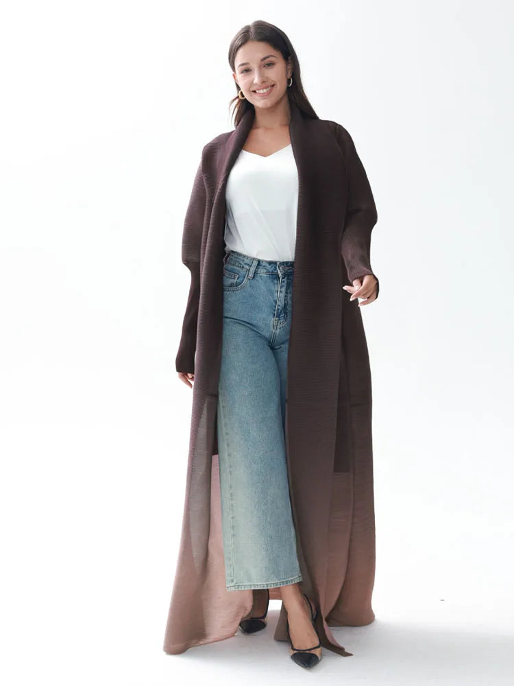 Miyake Pleated Gradient Turndown Collar Lantern Long Sleeve Jacket Women 2024 New Original Designer Abaya Fashion Long Coats