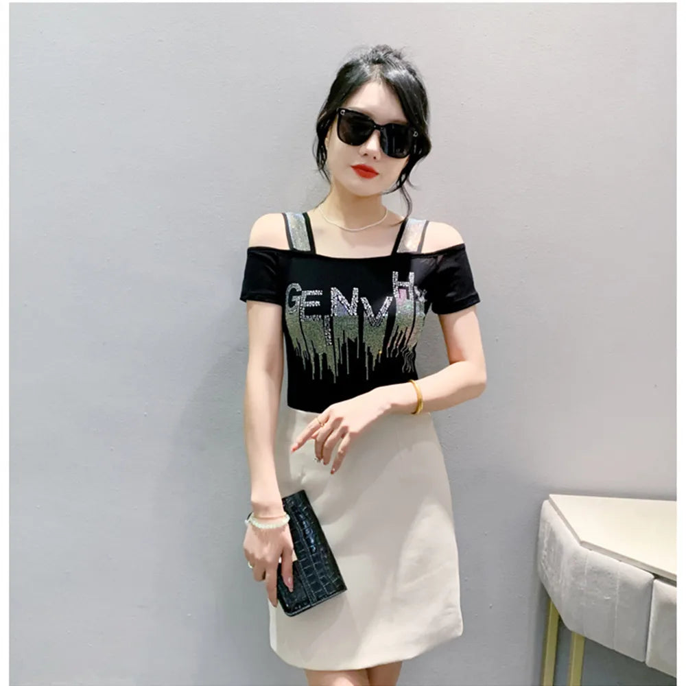 M-3XL Summer New Women's Letter Hot Diamonds T-shirt Clothes Sexy Off Shoulder Short Sleeve Tops Luxury Girl Mesh Slim Tees 2024