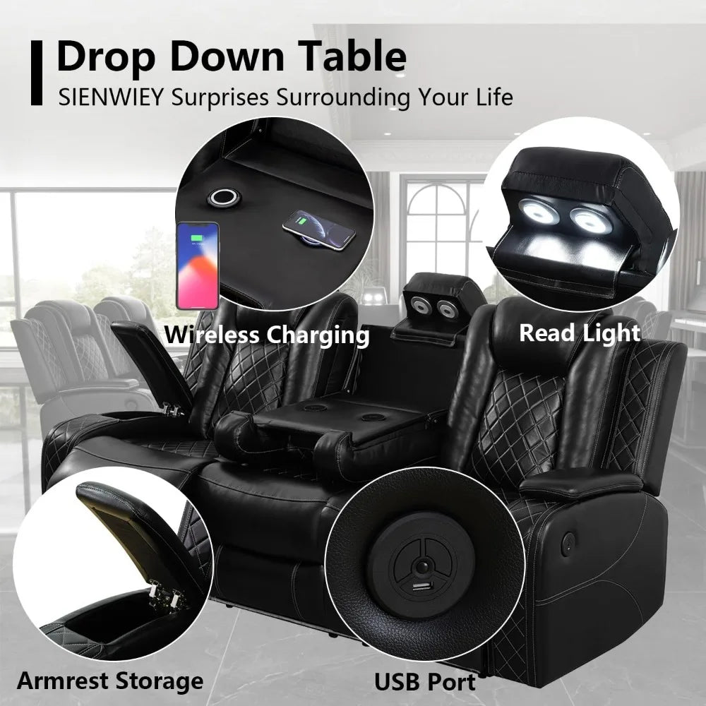 Recliner Sofa Set, Power Reclining Sofa With Drop-Down Table/Double Recliner Loveseat With Storage Console, Theater Recliner