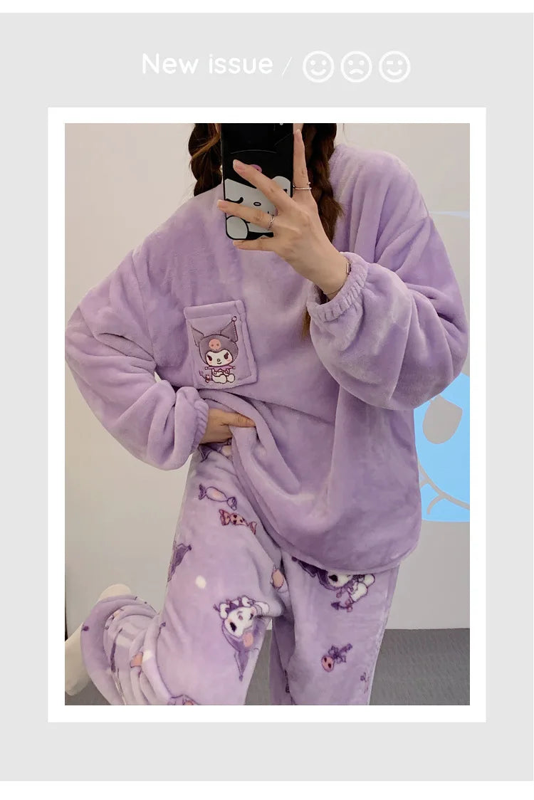 New Sanrio Kuromi Pajama Sets Women Winter Warm Plush Cute Sleepwear Print Pajama Cartoon Home Clothes Valentine'S Day Gift Soft