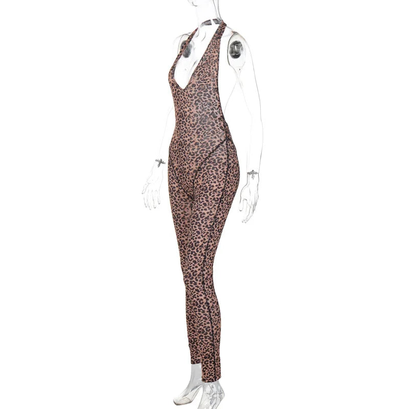 Joskaa Leopard Print Halter Jumpsuits Women Sexy Deep V-Neck Backles Bodycon One Piece Rompers 2024 Summer Vacation Outfits