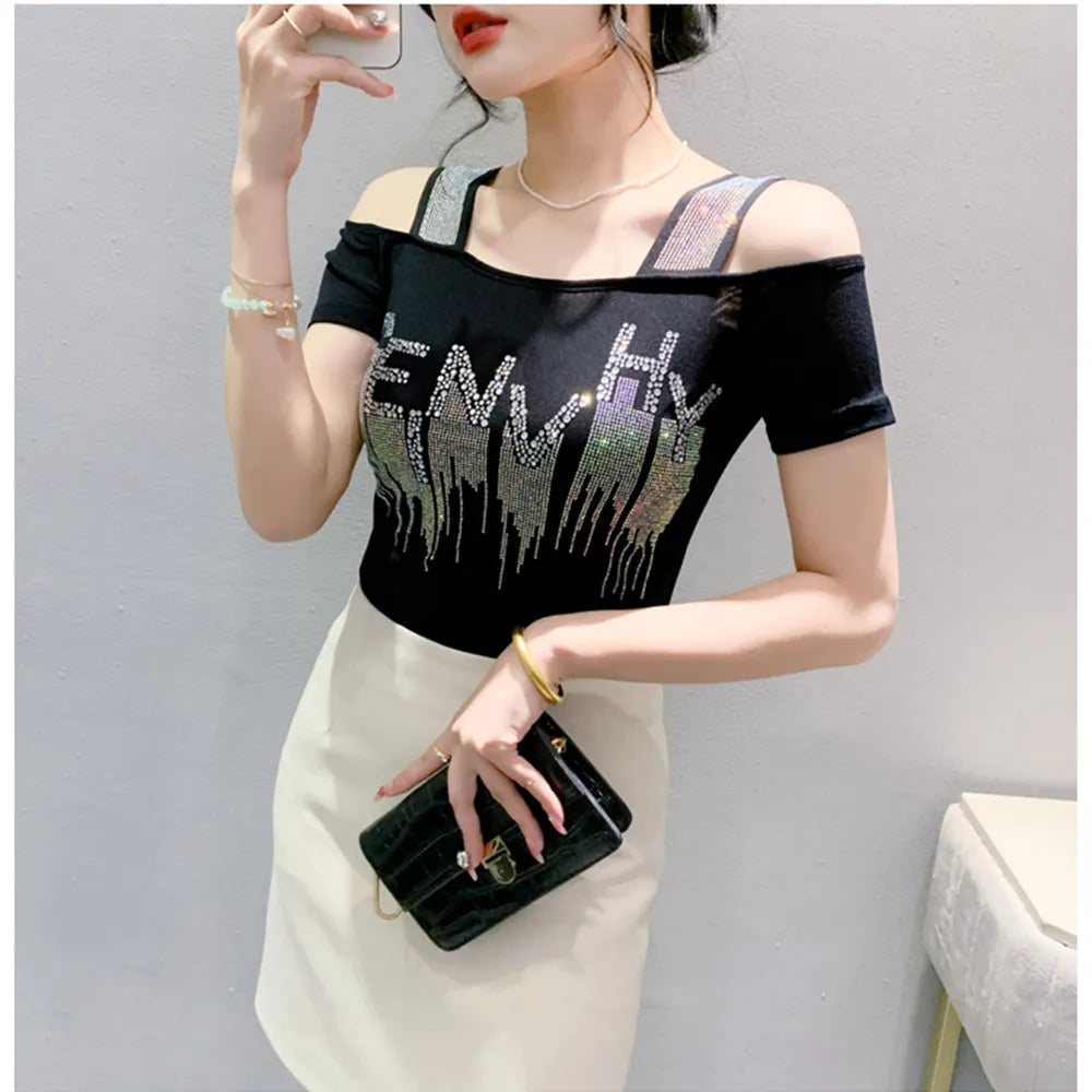 M-3XL Summer New Women's Letter Hot Diamonds T-shirt Clothes Sexy Off Shoulder Short Sleeve Tops Luxury Girl Mesh Slim Tees 2024