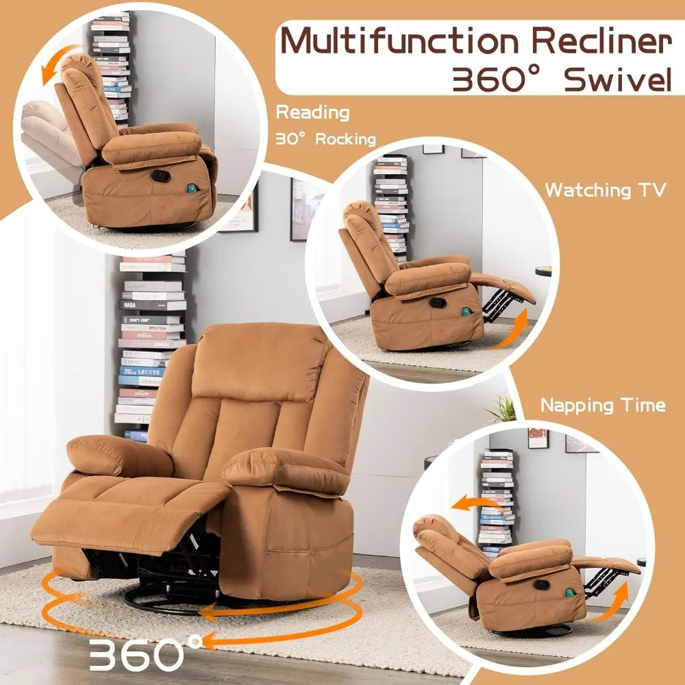 Rocker Recliner Chairs with Massage & Heat,360°Swivel Glider Nursery Manual Overstuffed Reclining Chair for Living Room