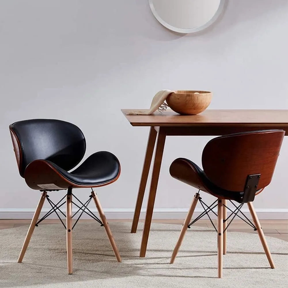 Modern Dining Chairs Upholstered Faux Leather Walnut Curved Contemporary Kitchen Dining Accent Chair Minimalist Vintage Style