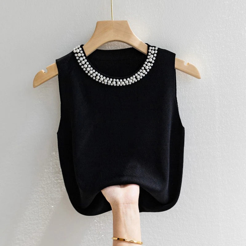 Korea Knitted Vests Women Top Solid Tank Blusas Mujer De Moda Summer New Fashion Female Sleeveless Beading Casual Thin Tops