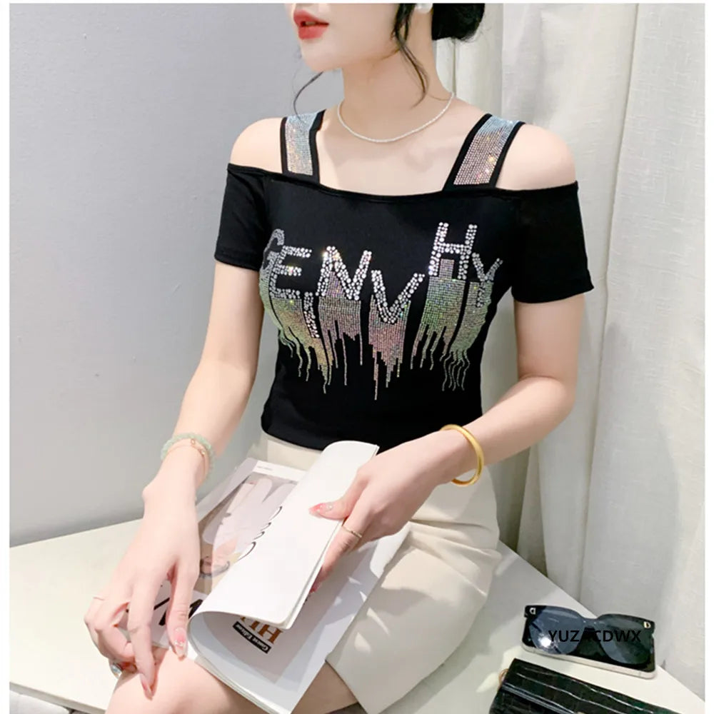 M-3XL Summer New Women's Letter Hot Diamonds T-shirt Clothes Sexy Off Shoulder Short Sleeve Tops Luxury Girl Mesh Slim Tees 2024