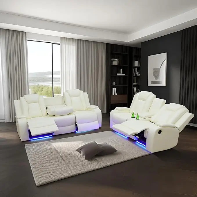 Recliner Sofa Set, Power Reclining Sofa With Drop-Down Table/Double Recliner Loveseat With Storage Console, Theater Recliner