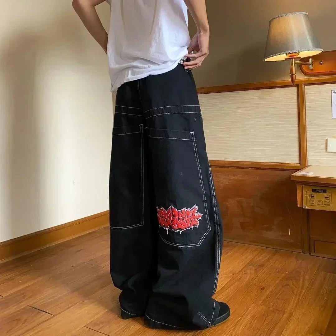 2024 New American Trend Retro Hip-hop Embroidery Pattern Baggy Jeans For Men And Women Y2K Harajuku Gothic Wide Pants Streetwear