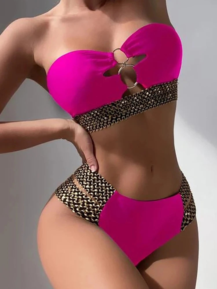 2025 New O-ring Bikini Sets Swimsuit Women Sexy Swimming Patchwork Push Up Two Pieces Beachwear Summer Bathing Suit Swimwear