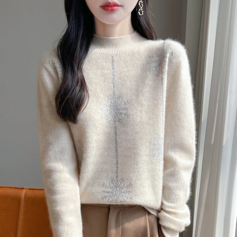 Diamond 100% Merino Wool Sweater 2024 New Women's Fashion Autumn/Winter Warm Hoodie Elegant Half High Collar Jumper Knitted Top