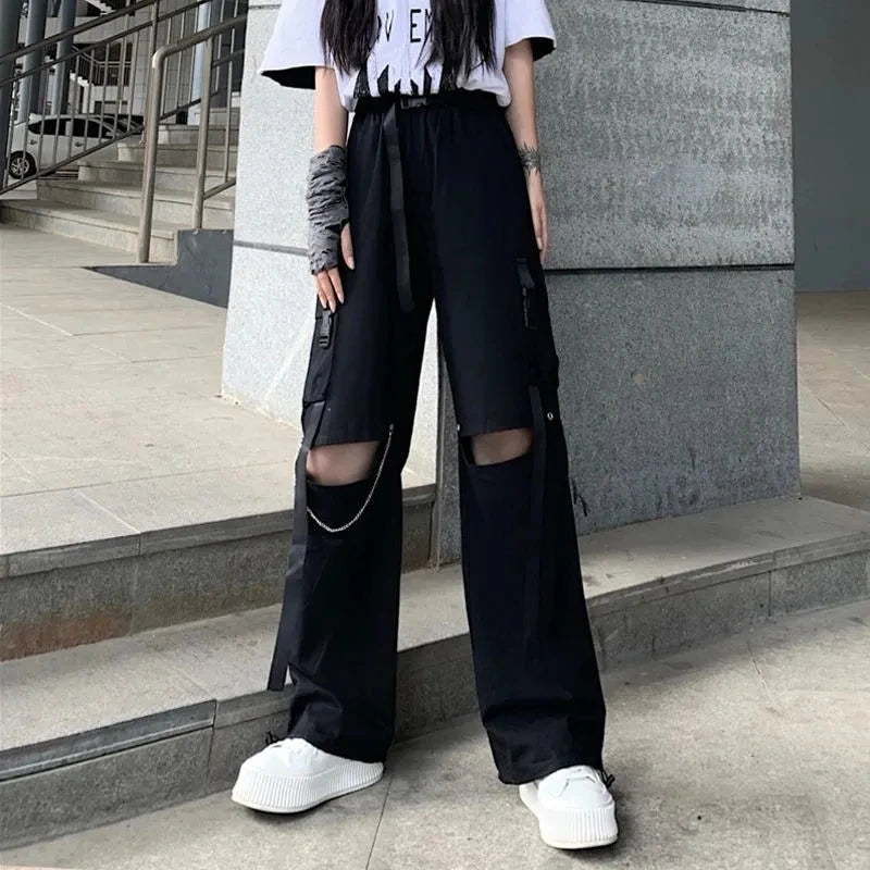 Xpqbb Gothic Black Cargo Shorts Women Summer Streetwear Couple Wide Leg Shorts Woman Harajuku Big Pockets Knee Length Pants 4Xl