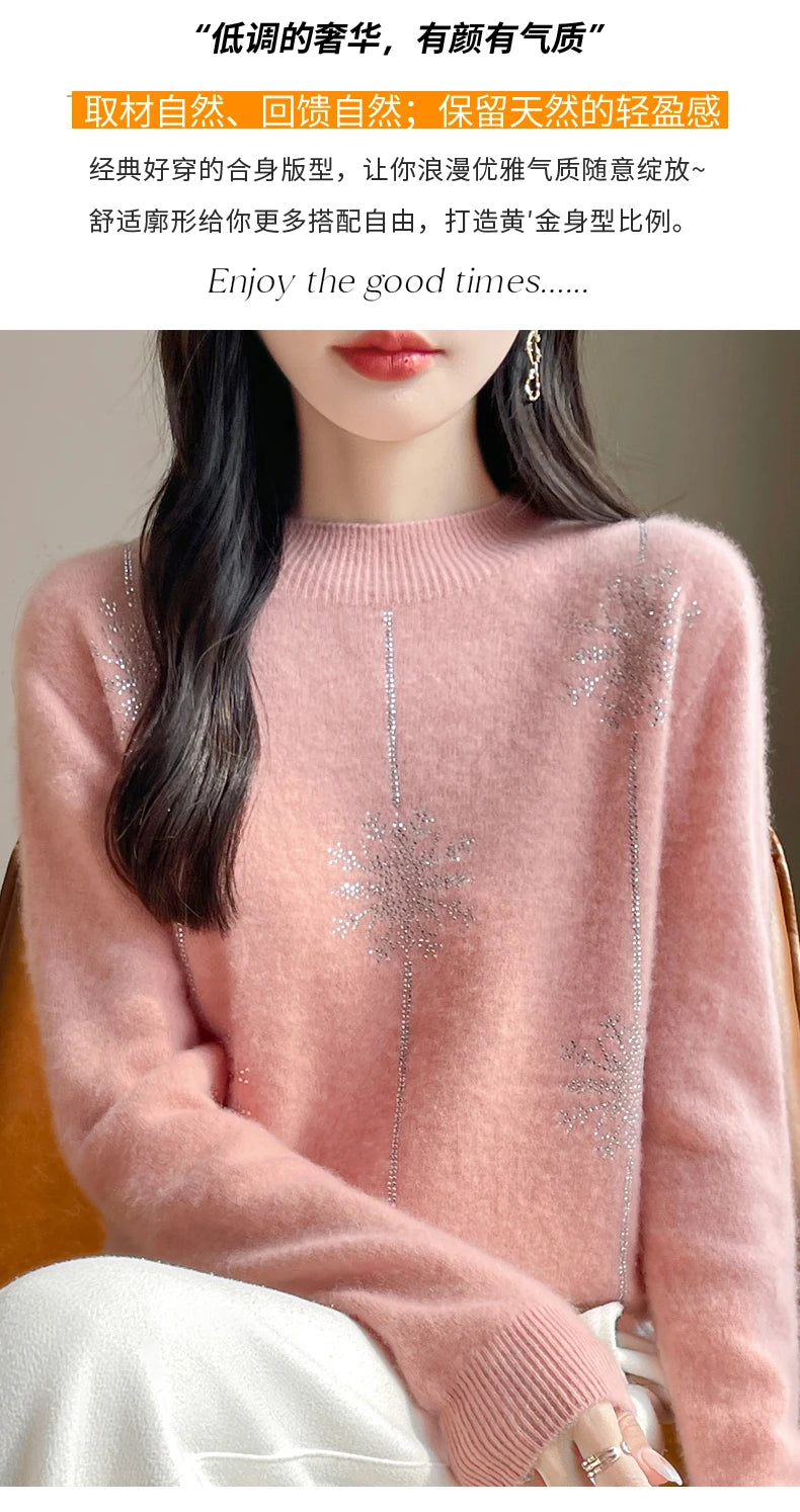 Diamond 100% Merino Wool Sweater 2024 New Women's Fashion Autumn/Winter Warm Hoodie Elegant Half High Collar Jumper Knitted Top