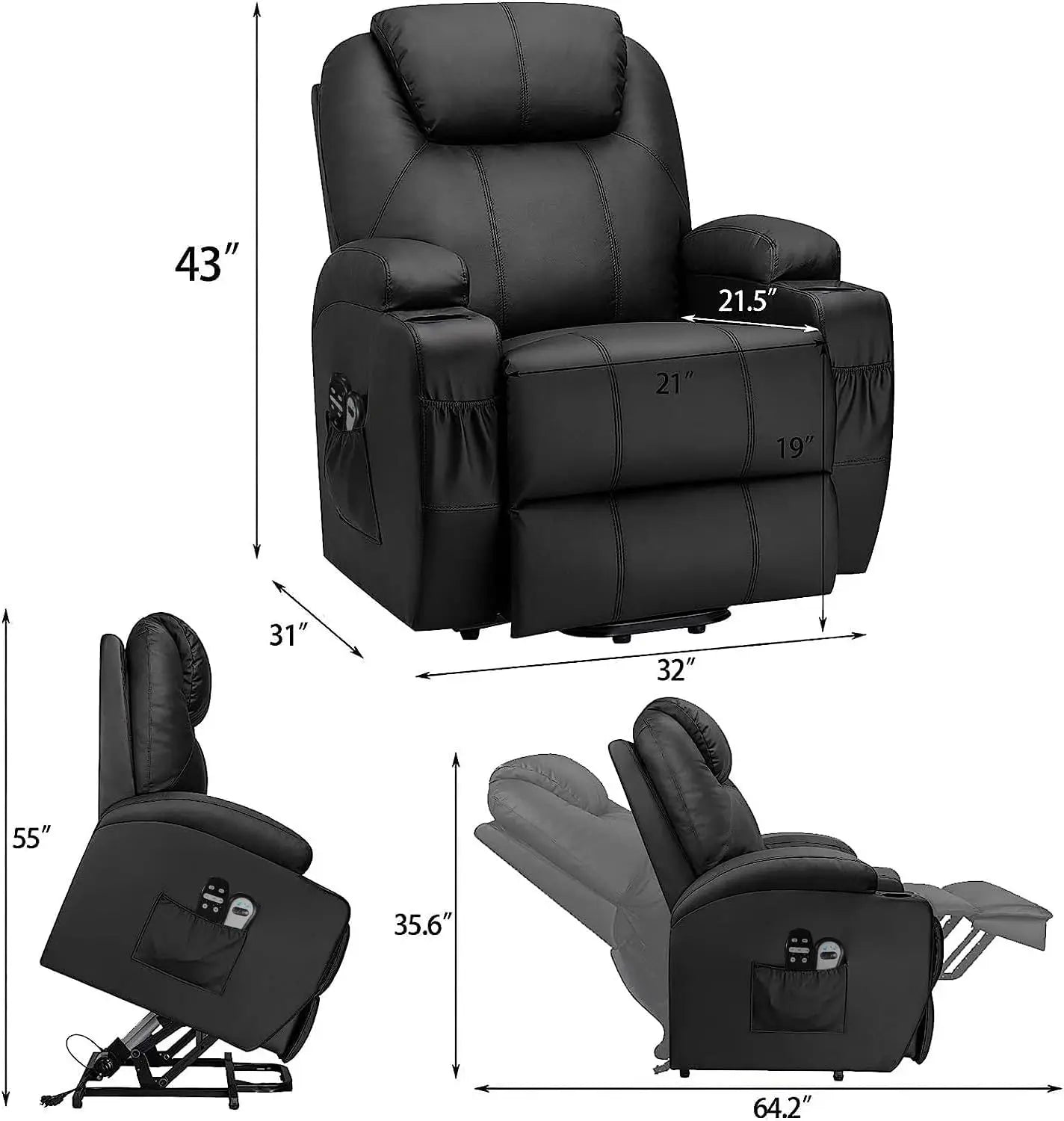 Power Lift Recliner Sofas with Massage, Ergonomic Lounge Chair Classic Single Sofa with 2 Cup Holders Side Pockets Theater Seat