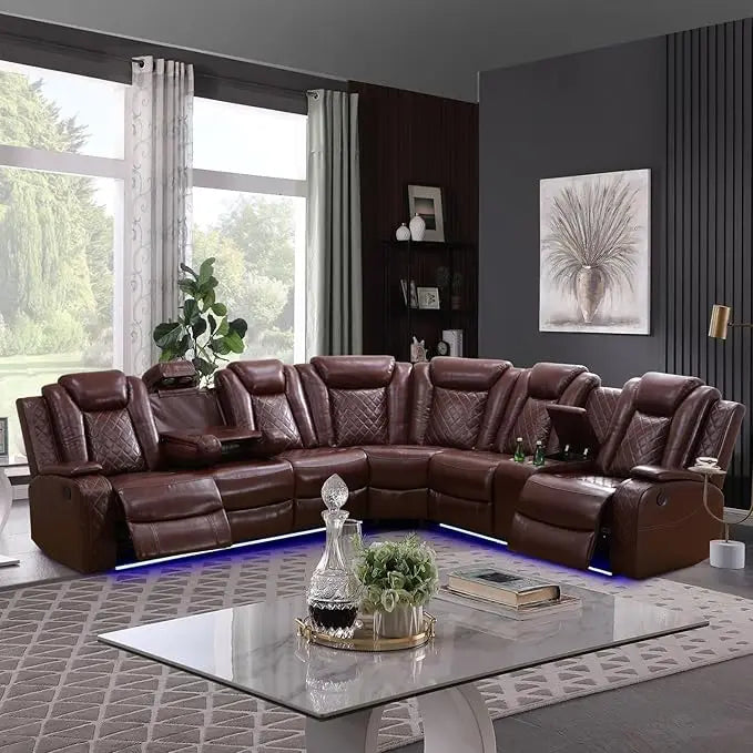 Recliner Sofa Set, Power Reclining Sofa With Drop-Down Table/Double Recliner Loveseat With Storage Console, Theater Recliner