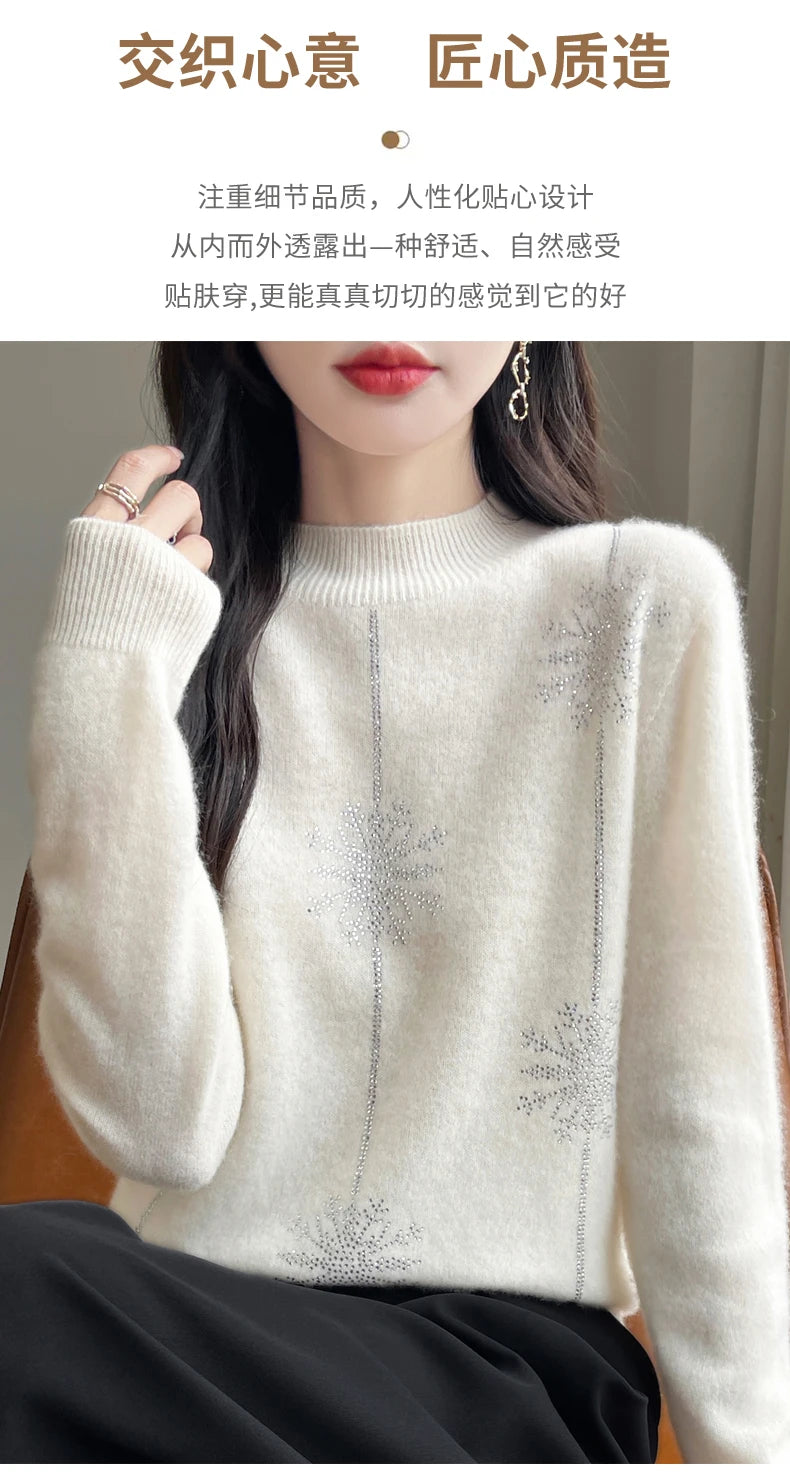 Diamond 100% Merino Wool Sweater 2024 New Women's Fashion Autumn/Winter Warm Hoodie Elegant Half High Collar Jumper Knitted Top