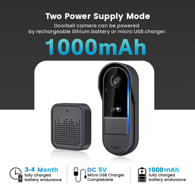 Tuya WiFi doorbell  2-way HD 1080P, microSD/cloud, waterproof, 1000mAh battery, long standby,Wireless Security Camera