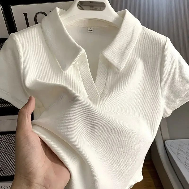 Loves Embroidery T-shirt Polo Collar Orthoshoulder Slim Hotsweet Women's Crop Top Korean Fashion Hottie Simple Casual Wholesale