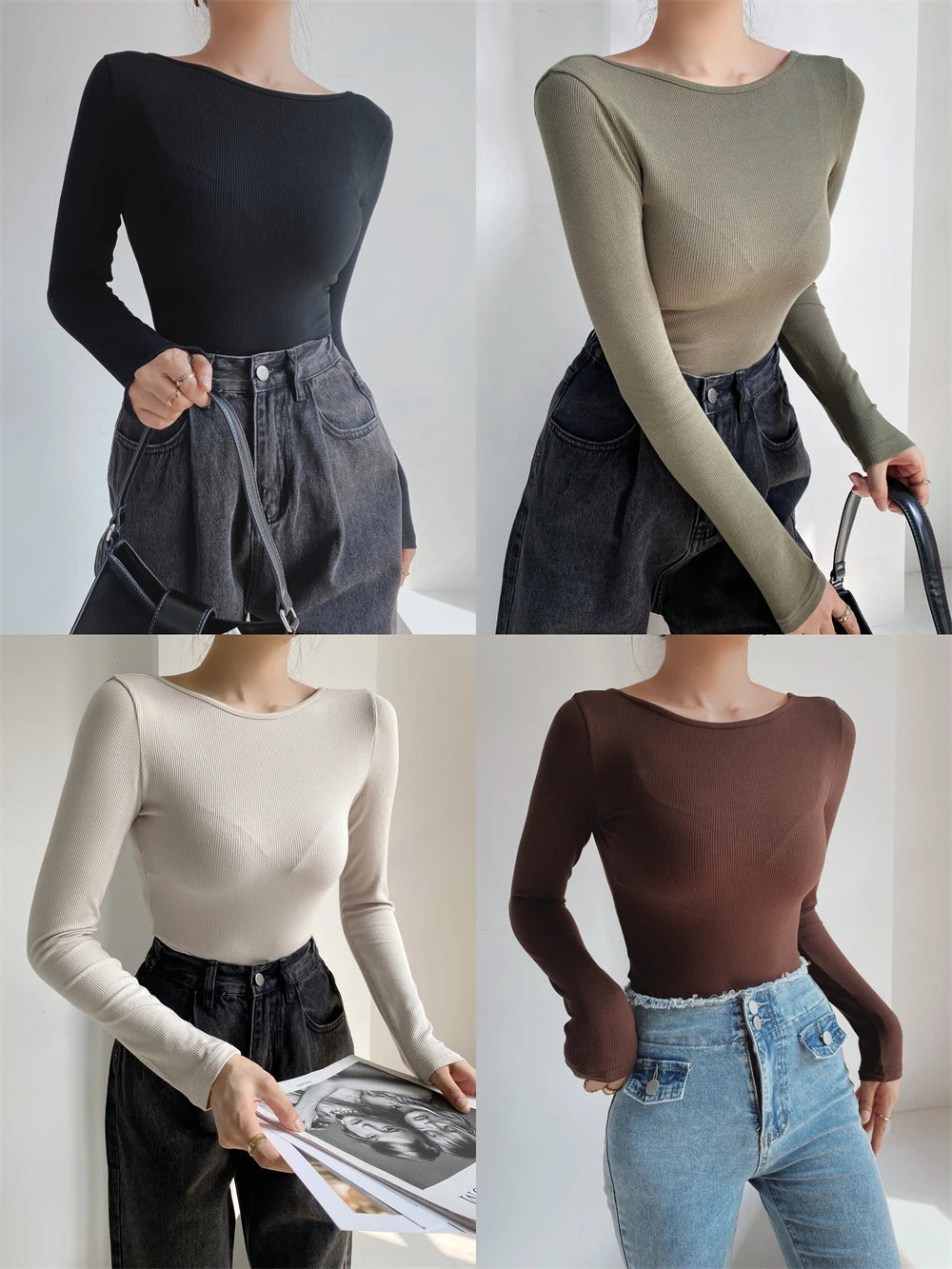 Women's Sexy Clothing Long-sleeve Solid Color Pullover One-Line Neck Backless Bodysuit Knitted Jumpsuit Top