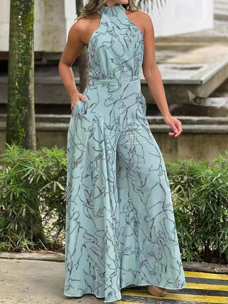 Women's Elegant Waist Halter Jumpsuit Casual Print Tie Sleeveless Wide Leg Long Pant Summer Clothing