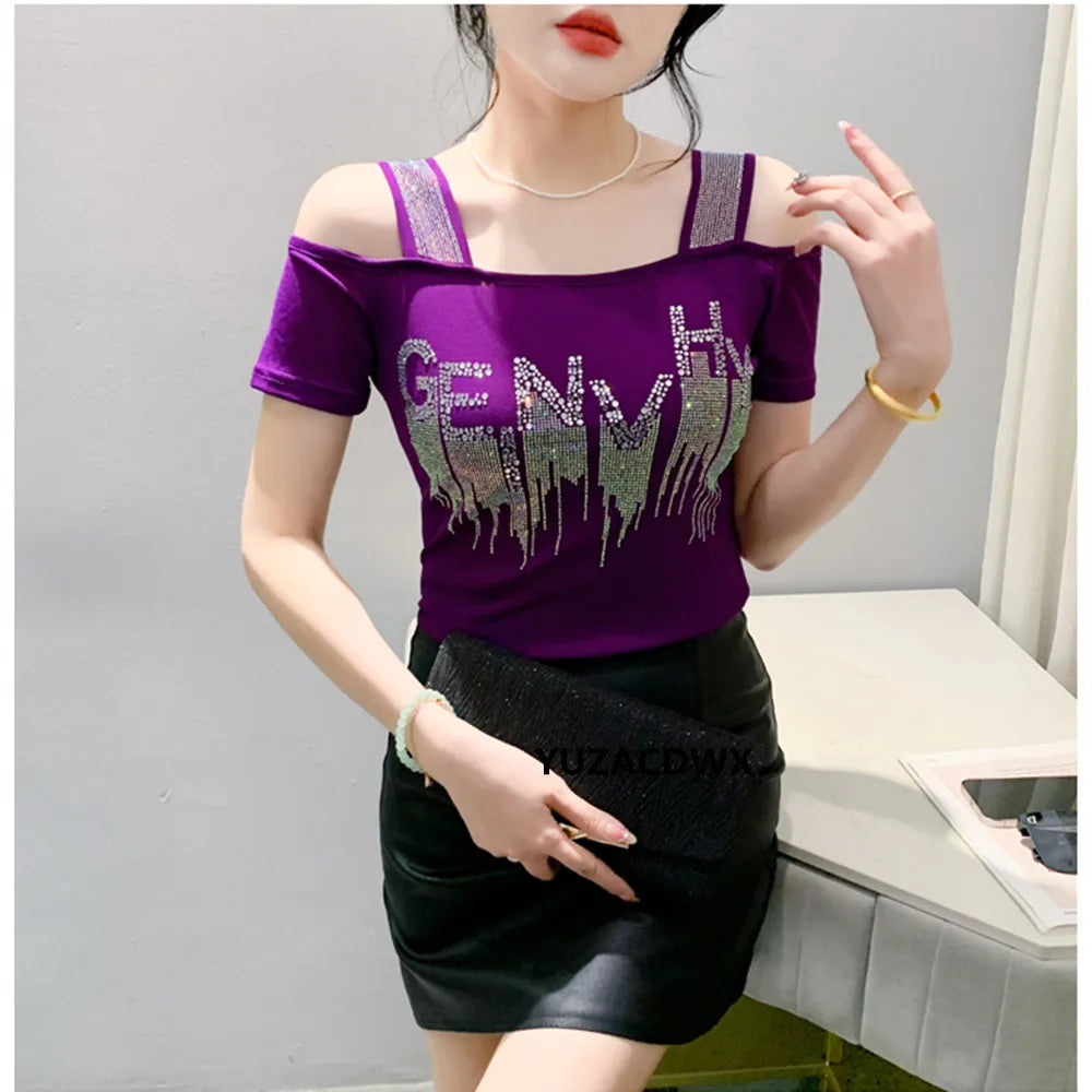 M-3XL Summer New Women's Letter Hot Diamonds T-shirt Clothes Sexy Off Shoulder Short Sleeve Tops Luxury Girl Mesh Slim Tees 2024