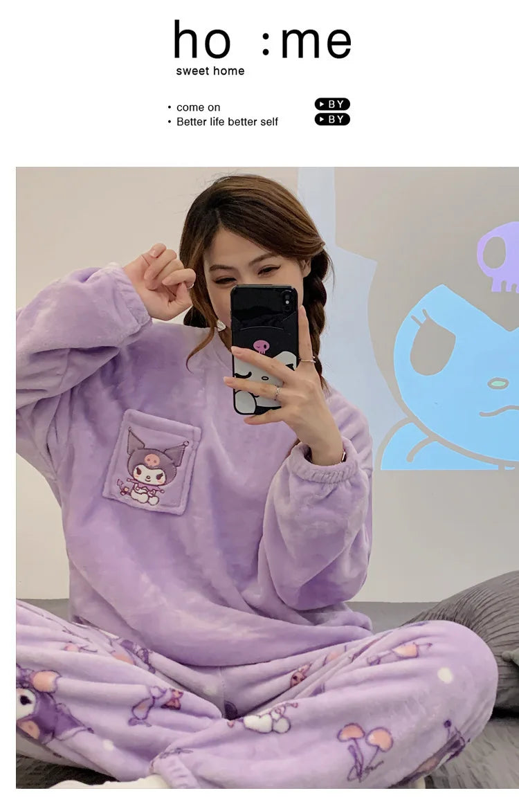 New Sanrio Kuromi Pajama Sets Women Winter Warm Plush Cute Sleepwear Print Pajama Cartoon Home Clothes Valentine'S Day Gift Soft