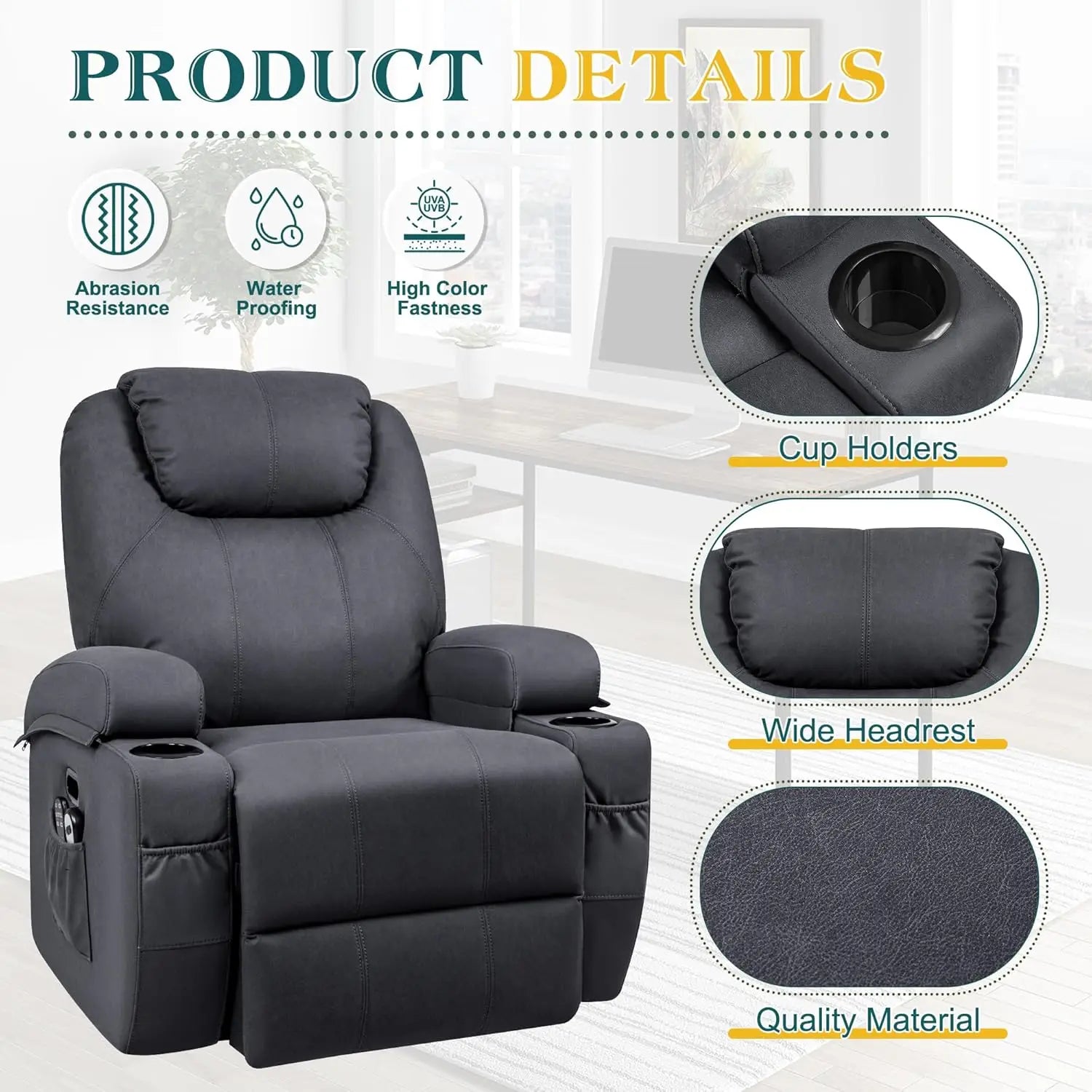 Power Lift Recliner Sofas with Massage, Ergonomic Lounge Chair Classic Single Sofa with 2 Cup Holders Side Pockets Theater Seat