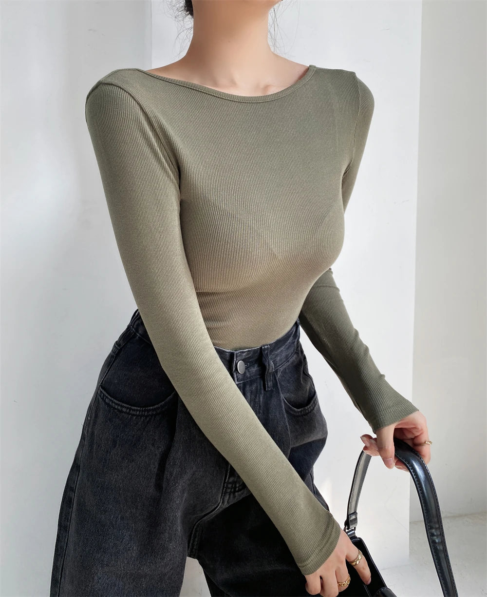 Women's Sexy Clothing Long-sleeve Solid Color Pullover One-Line Neck Backless Bodysuit Knitted Jumpsuit Top