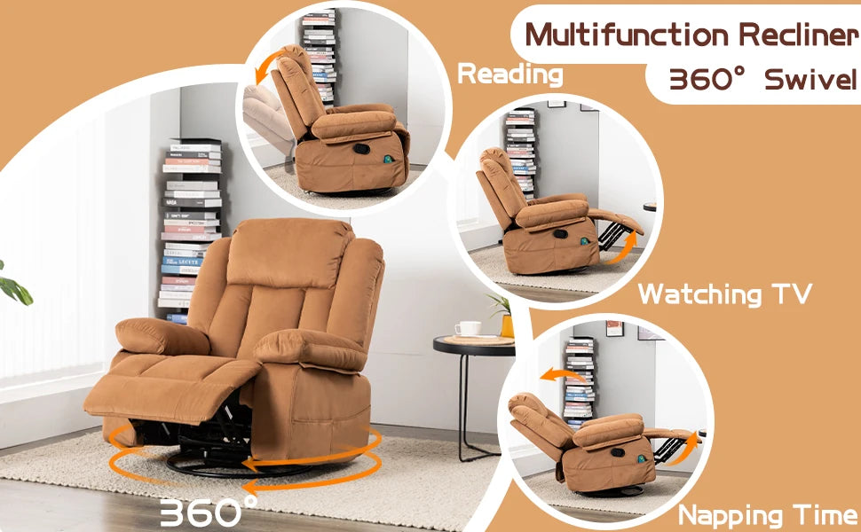 Rocker Recliner Chairs with Massage & Heat,360°Swivel Glider Nursery Manual Overstuffed Reclining Chair for Living Room