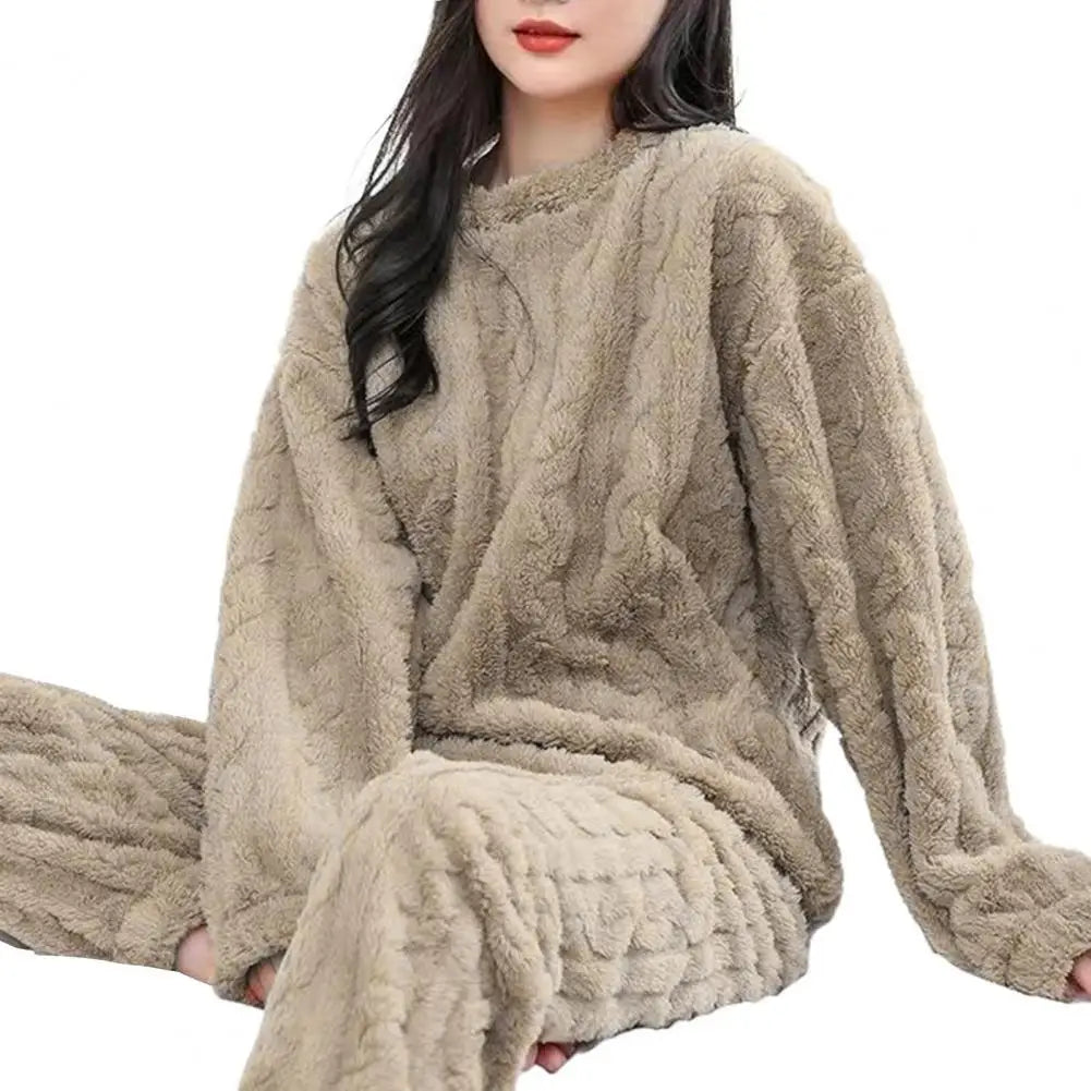 Soft Cozy Pajamas Cozy Winter Pajama Sets for Women Stylish Plush Sleepwear for Autumn with Thicken Pullover Pants Comfortable