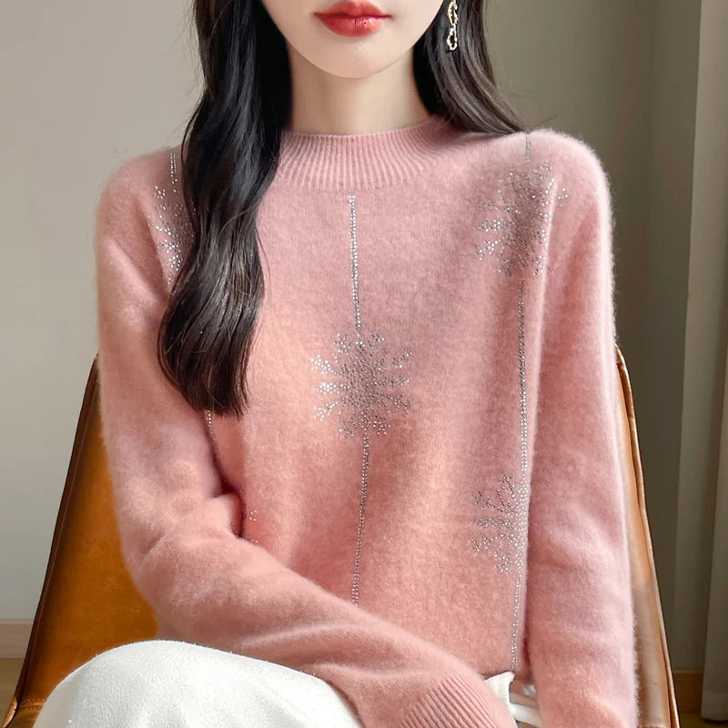 Diamond 100% Merino Wool Sweater 2024 New Women's Fashion Autumn/Winter Warm Hoodie Elegant Half High Collar Jumper Knitted Top