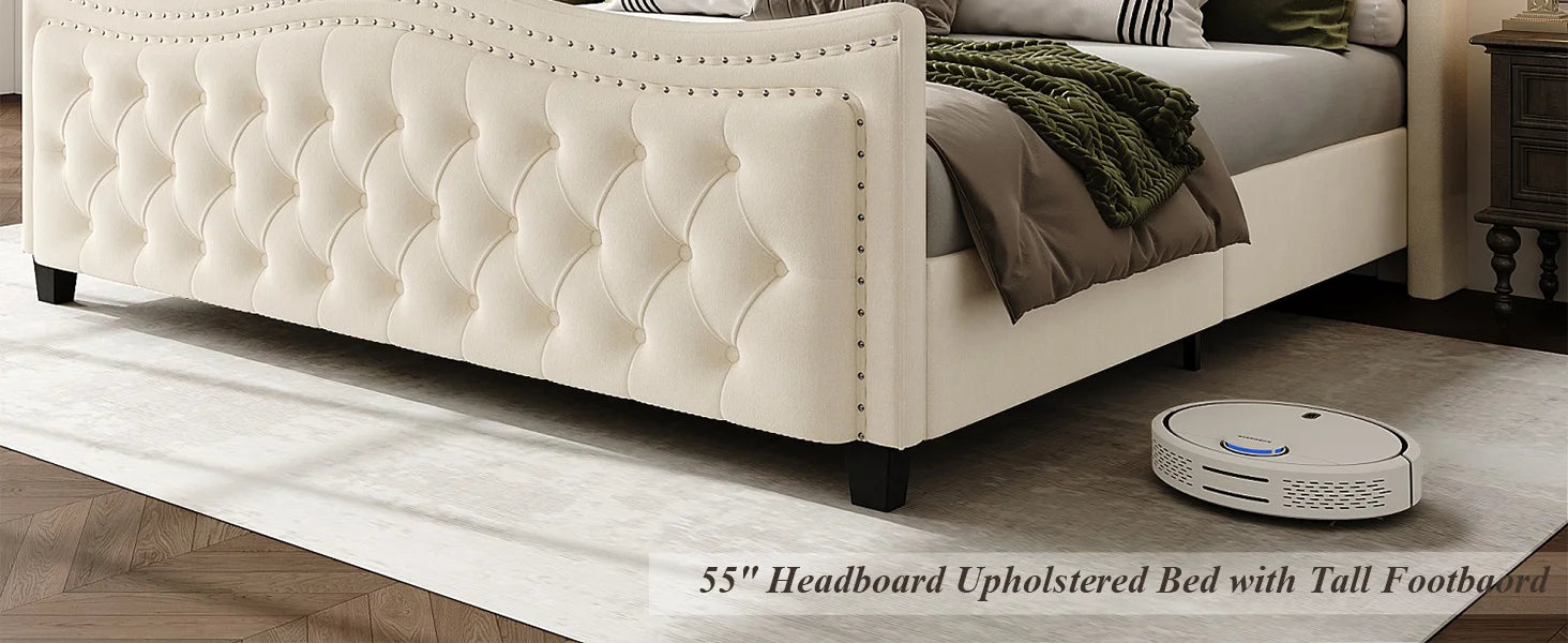 Queen Bed Frame, 55" Headboard Upholstered Bed with Tall Footbaord, Velvet Handmade Pleats Deep Button Tufted Wingback P