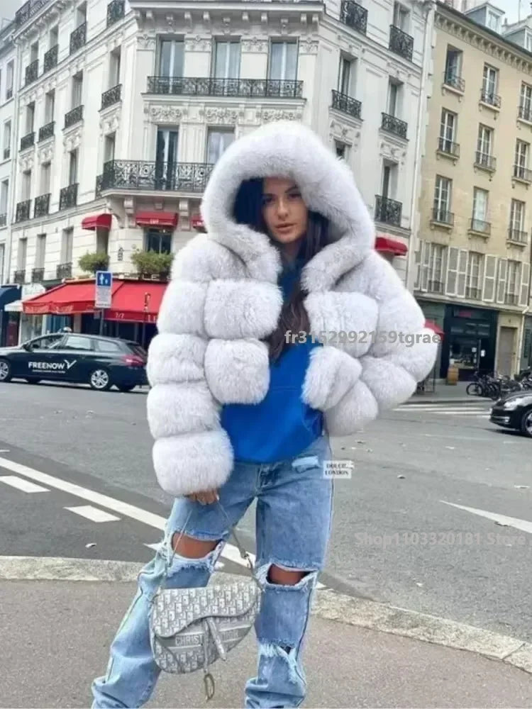 Fashion Warm Faux Fur Thicken Coat For Women Vintage Long Sleeve Hooded Short Female Jackets Autumn Winter Chci Lady Streetwear