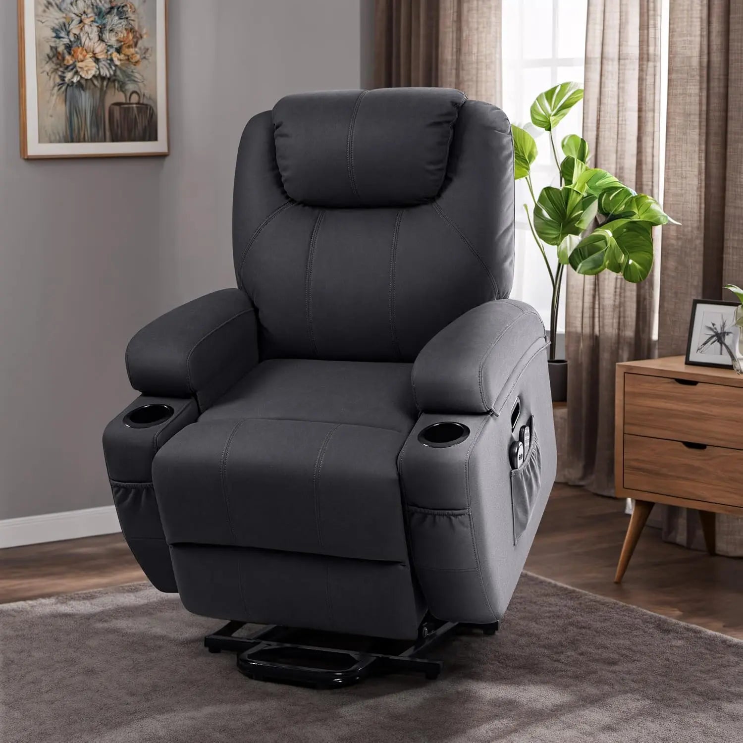 Power Lift Recliner Sofas with Massage, Ergonomic Lounge Chair Classic Single Sofa with 2 Cup Holders Side Pockets Theater Seat