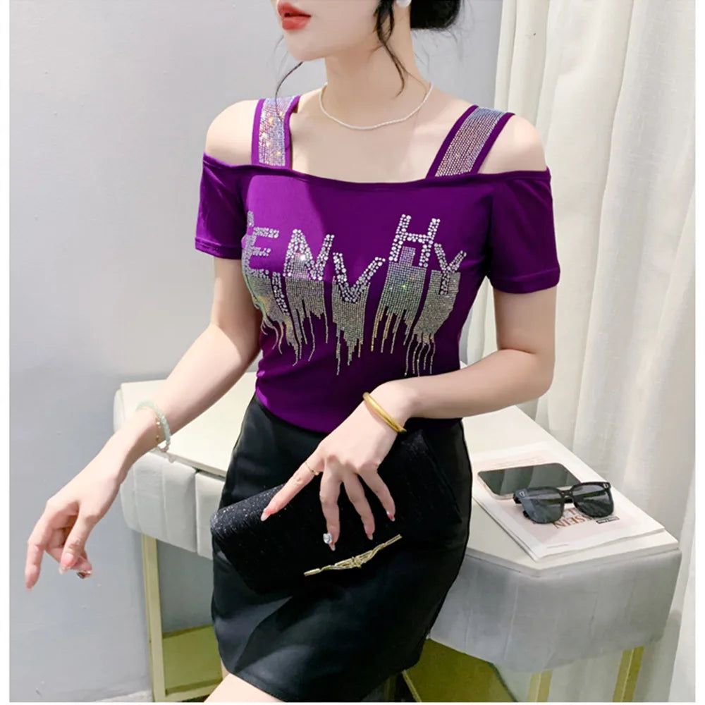 M-3XL Summer New Women's Letter Hot Diamonds T-shirt Clothes Sexy Off Shoulder Short Sleeve Tops Luxury Girl Mesh Slim Tees 2024