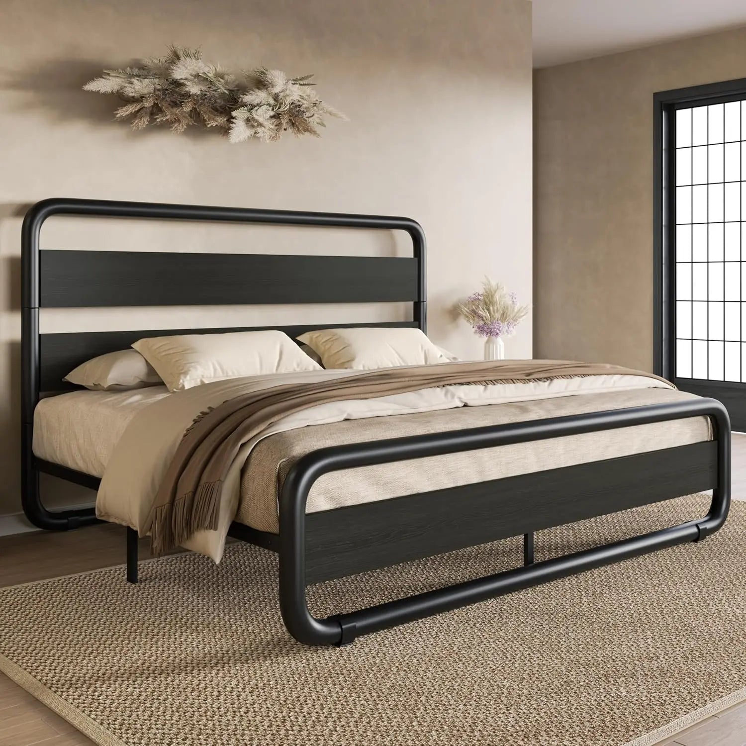 Queen Size Metal Bed Frame with Wooden Headboard , Heavy Duty Oval-Shaped Platform Bed with Under-Bed St