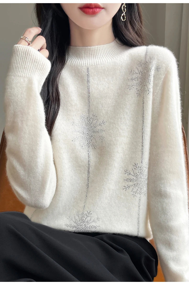 Diamond 100% Merino Wool Sweater 2024 New Women's Fashion Autumn/Winter Warm Hoodie Elegant Half High Collar Jumper Knitted Top