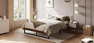 Queen Size Metal Bed Frame with Wooden Headboard , Heavy Duty Oval-Shaped Platform Bed with Under-Bed St