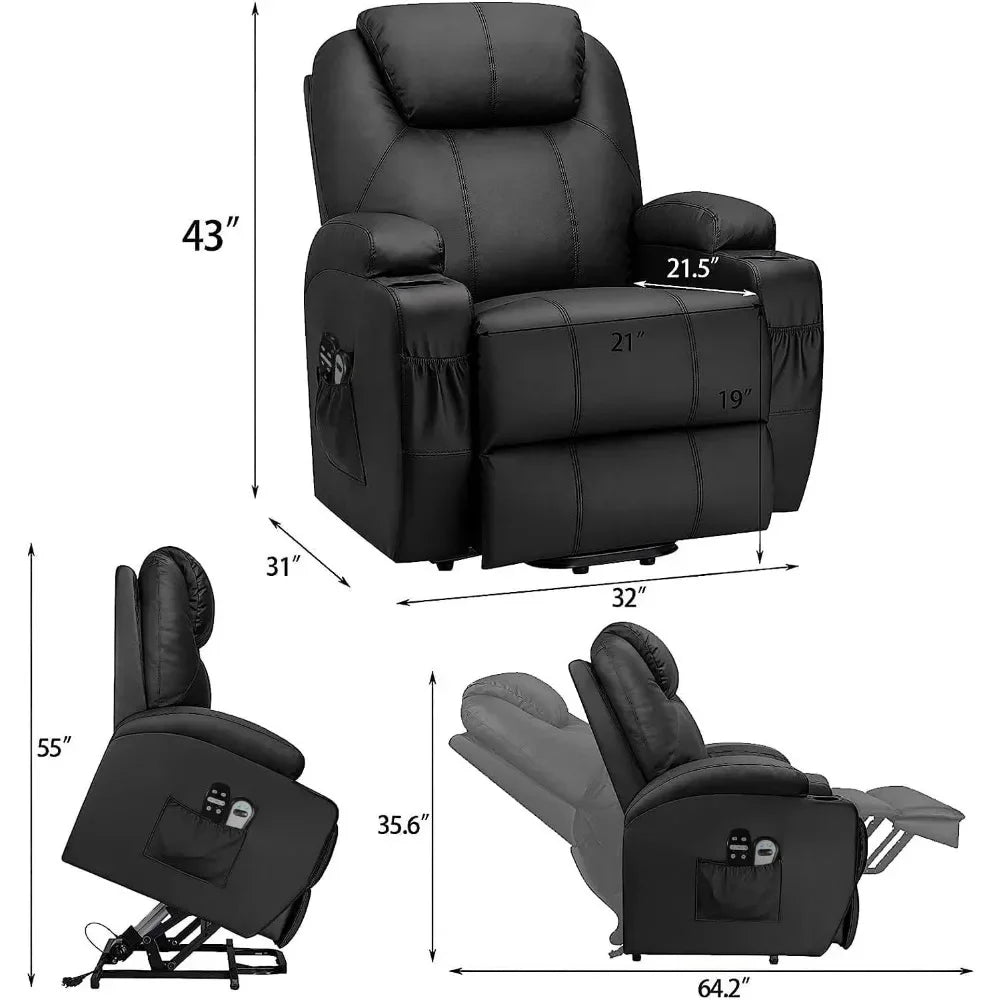 Power Lift Recliner Sofas with Massage, Ergonomic Lounge Chair Classic Single Sofa with 2 Cup Holders Side Pockets Theater Seat