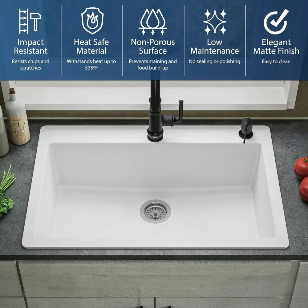Top Mount. Large Single Bowl Quartz Kitchen Sink in