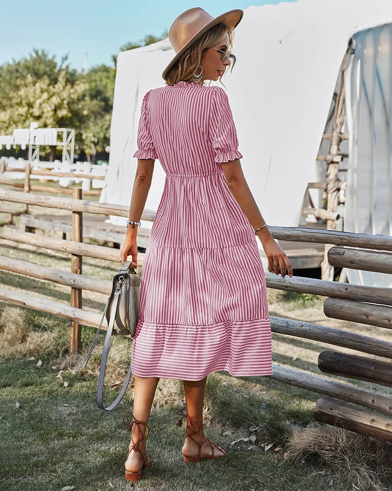 Women Elegant Striped Lantern Sleeve Summer Dress Causal V-neck Button Ruffles Midi Dress 2023 Women Beach Holiday Party Dress