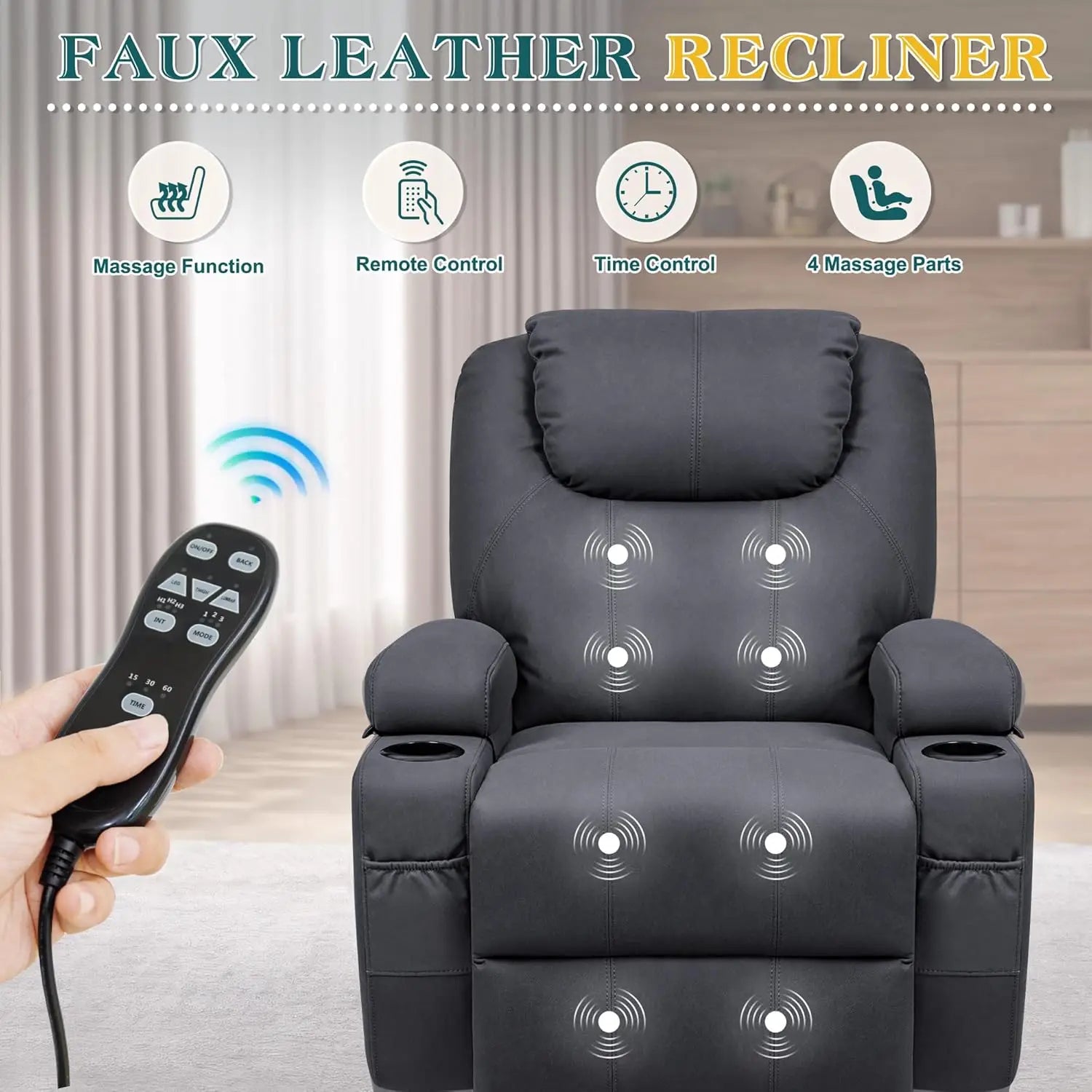 Power Lift Recliner Sofas with Massage, Ergonomic Lounge Chair Classic Single Sofa with 2 Cup Holders Side Pockets Theater Seat