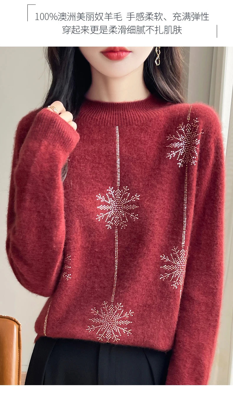 Diamond 100% Merino Wool Sweater 2024 New Women's Fashion Autumn/Winter Warm Hoodie Elegant Half High Collar Jumper Knitted Top