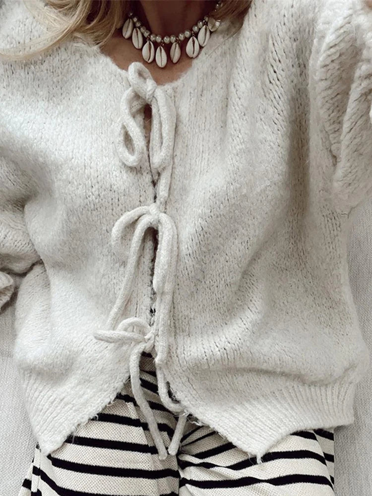 Bow Lace Up Hollow Out Knitted Cardigan Women Sweater Fashion O-neck Fungus Half Sleeve Sweaters Female Office 2024 Autumn Top