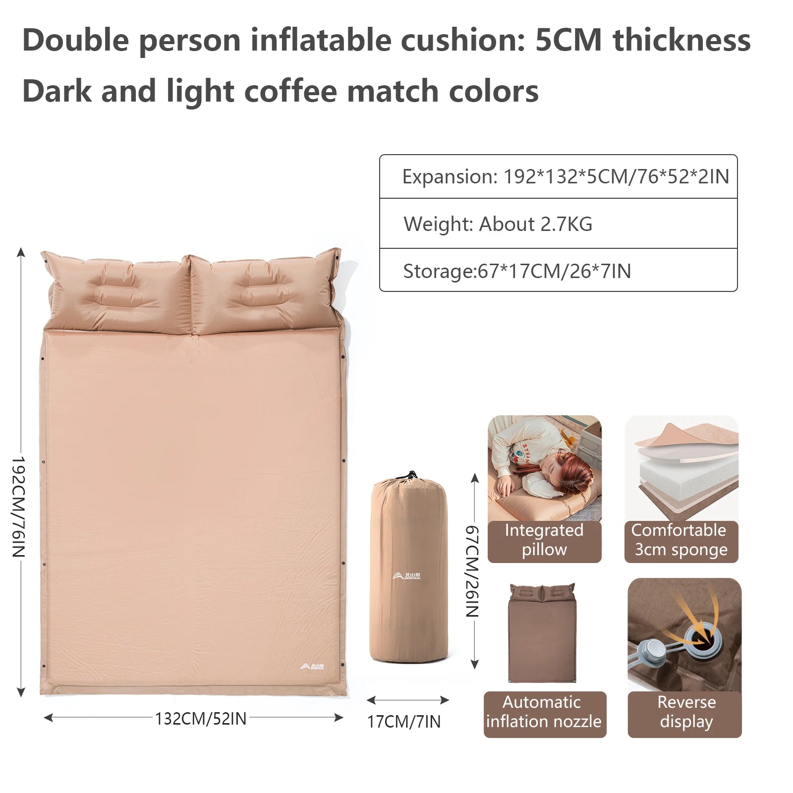 BISINNA Outdoor Self-inflating Mattress Camping Inflatable Sleeping Pad Splicable Ultralight Air Mat for Travel Hiking Picnic