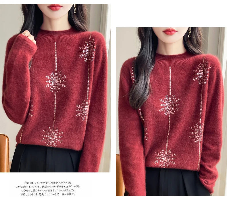 Diamond 100% Merino Wool Sweater 2024 New Women's Fashion Autumn/Winter Warm Hoodie Elegant Half High Collar Jumper Knitted Top